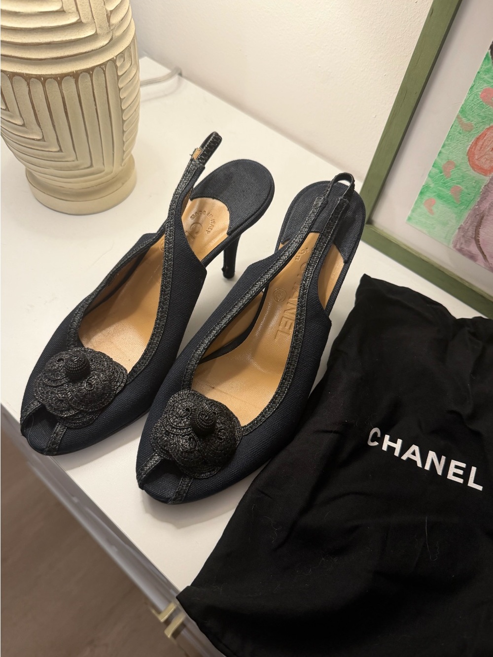 Chanel Vintage Navy Mesh Canvas Camellia Slingback Pumps Heels Sz 37
